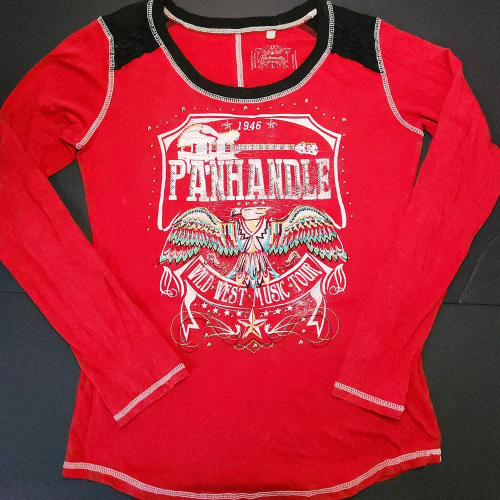 Panhandle Slim Womens Large Red Long Sleeve Tee Studded Western Wild West Top - Picture 8 of 14